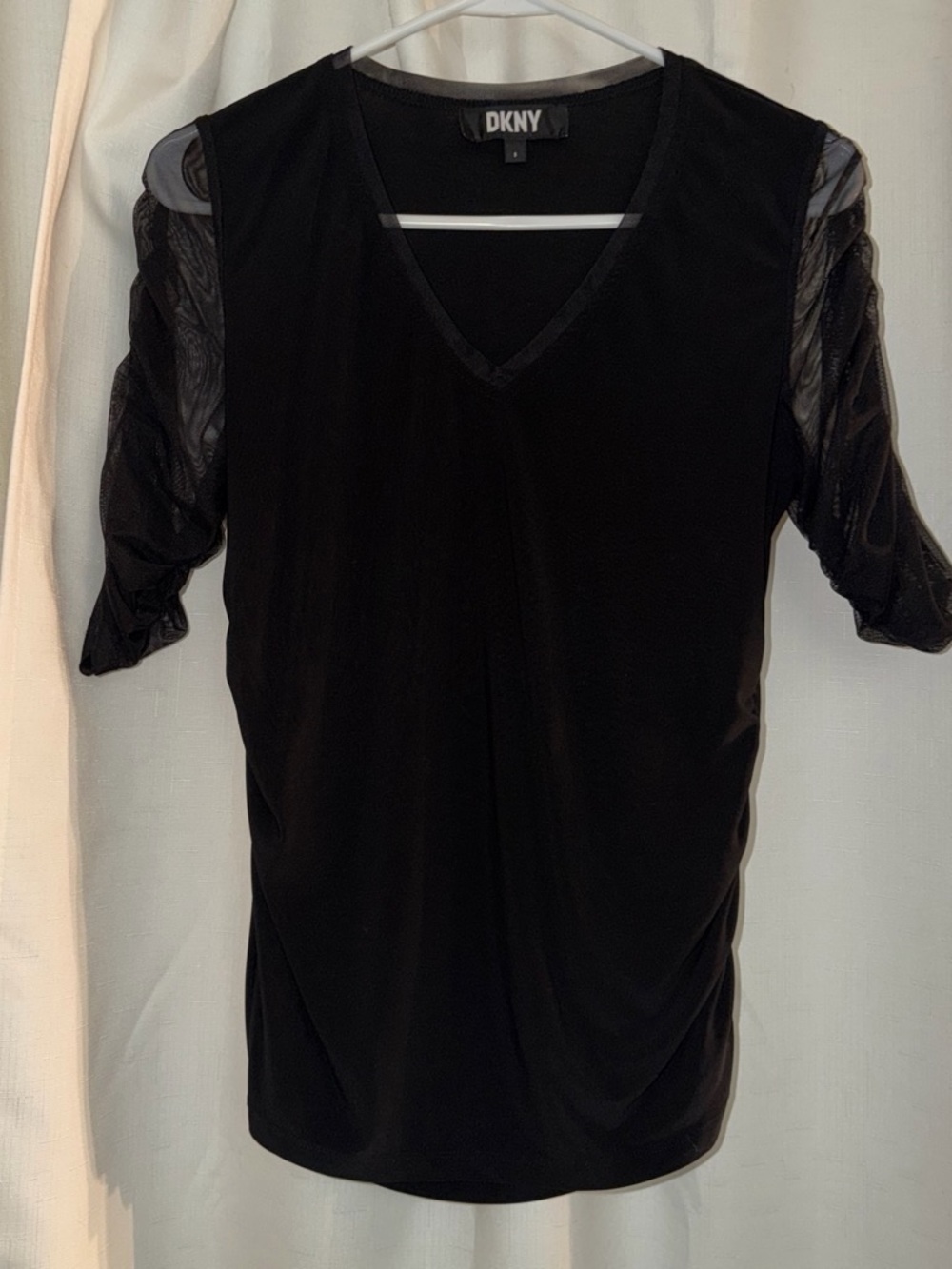 DKNY Black V-Neck Short Sleeve Top with Sheer Sleeves